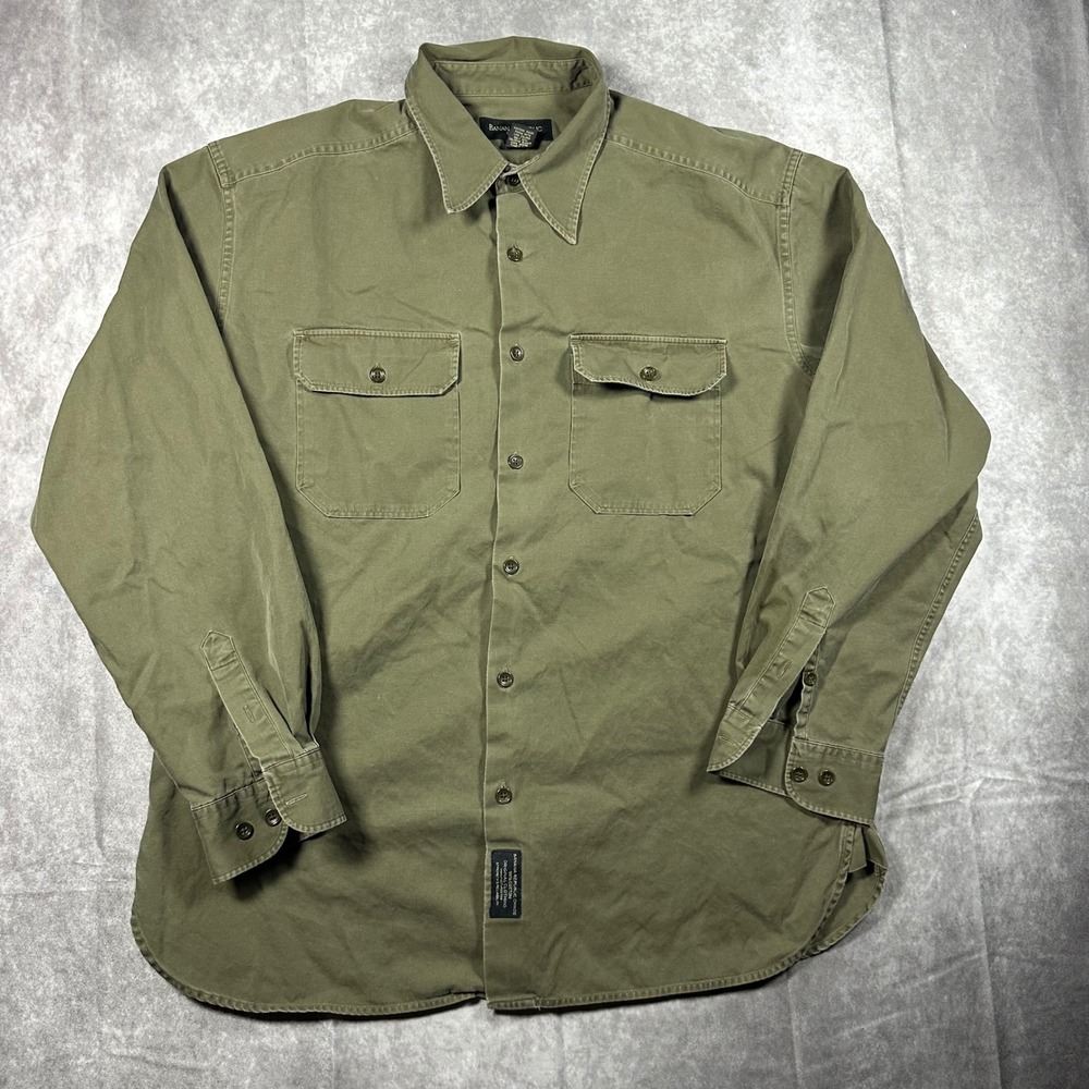 VTG Banana Republic Mens L Olive Green Cotton Military Work Shirt Long Sleeve